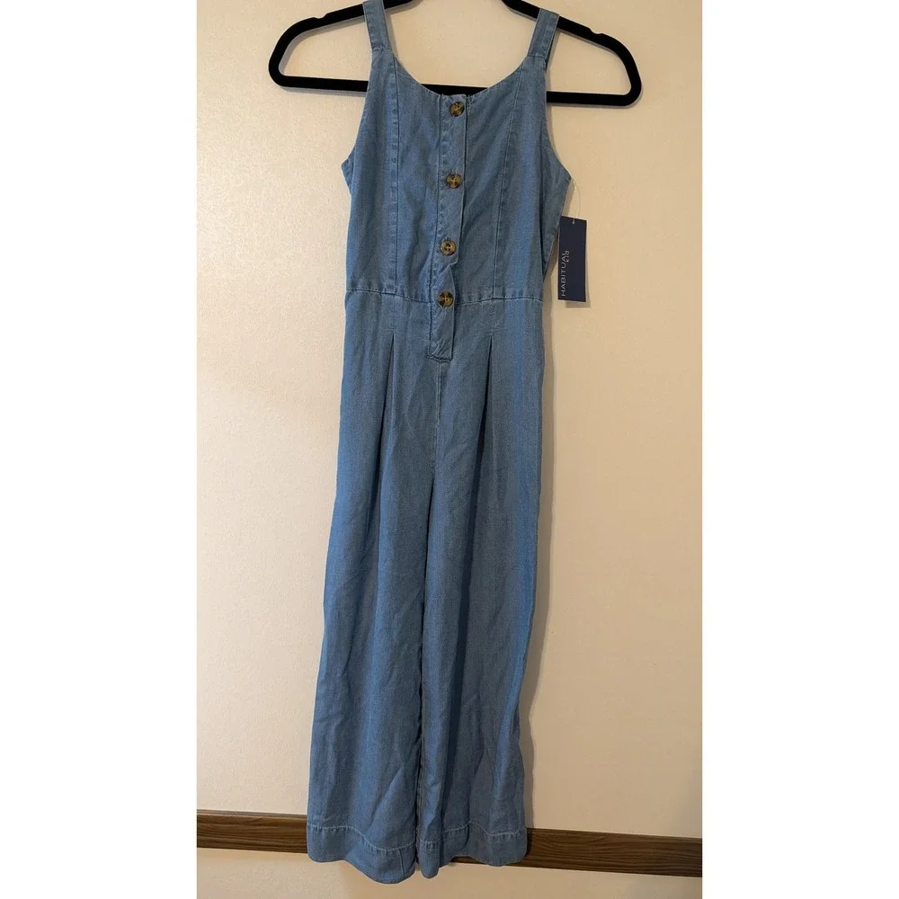 Habitual Kid Girls Denim Jumpsuit‎ Medium Stone Blue Wide Leg Tie Back Size 7-8